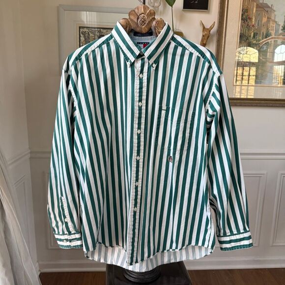 Vintage 90s Tommy Hilfiger Green Stripe Relax Fit Button Down Shirt XL - Picture 2 of 9